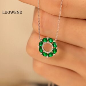 LUOWEND 18K White Gold Necklace Fashion Simple Style Natural Diamond Natural Emerald Necklace&Ring for Women Wedding Jewelry Set