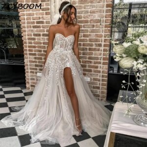 Customized Sweetheart Neck High Slit Appliques Tulle Wedding Dresses For Women Court Train 2025 Bridal Gowns Vestido De Noiva