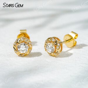 3.6mm Round Brilliant Cut Lab Grown Diamond Halo Set 18K Gold Diamond Stud Earrings