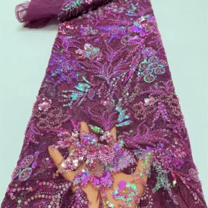 Latest African Fabrics 5 Meters 2025 French Luxury Lace Beaded Lace Fabric High Quality Nigerian Net Flower Fabric Dress W491-1