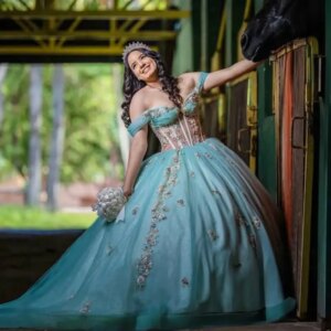 Customized Elegant blueBall Gown Quinceanera Dress beads applique beads Lace flower Tull vestidos de 15 quinceañera