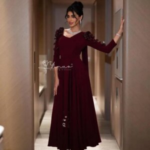 customized Long Sleeves Prom Dresses V Neck Pleated Flowers Evening Dresses Ankle Length Back Zipper Wedding Party Dresses2025