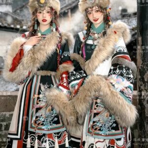 New Chinese national dress Tibetan clothing autumn and winter big hair collar Tibetan clothing plush gorgeous elegant retro suit