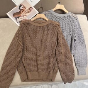 Women Silk Linen Sweater Autumn Hollow Out O-Neck Long Sleeve Casual Female Knitted Pullover