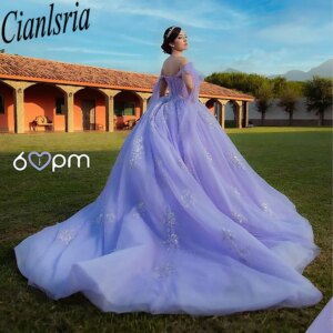 Lilac Off The Shoulder Bow Ribbons Quinceanera Dresses Ball Gown Sequined Appliques Lace Corset Vestidos De XV Anos