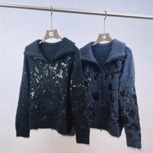 High Quality Women’s Exquisite Sequined Lapel Mohair Wool Blend Knitted Cardigan Jacket