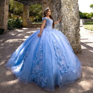 Sky Blue Quinceanera Dresses Off Shoulder Ball Gown Sweet 16 Dress Applique Flower Beads Tull Birthday Party Vestidos 15 Anos