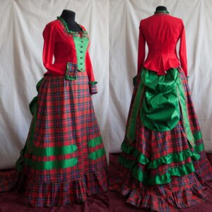 1870s Victorian Plaid Bustle Gown Victorian Red And Green Walking Dress Scottish Highland Plaid Bustle Ball Gown Costumes