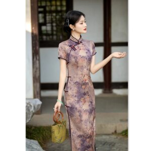 Old Shanghai Bronzing Xiangyun Yarn Traditional National Style Long Cheongsam Qi Pao Spring and Summer New Retro Improved Mother