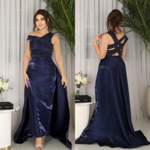 Customized Satin Sequined Beading Ruched Engagement A-line V-neck Bespoke Occasion Gown Long Dresses