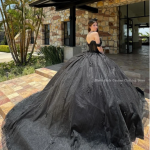 Noble Princess Custom Quinceanera Dresses Cathedral Train Black Strapless Poncho 3D Floral Boned Corset xv year old dress