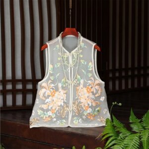 New Chinese silk organza vest heavy embroidery round neck blouse