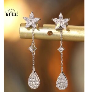 KUGG 100% 18K White Gold Earrings Romantic Gentle Style 0.60carat Real Natural Diamond Drop Earrings for Women Wedding Jewelry