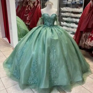 Customized Shiny Green Quinceanera Dress Tulle Off-Shoulder Luxury Lace Vestidos De 15 Anos Birthday Party Princess Prom