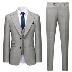 Men’s Checkered Single Breast Business Light Grey Formal Wedding Dinner 3-piece Set