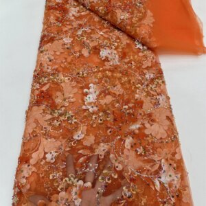 Luxury Orang 2024 High Quality French Tulle Sequin Lace Fabric African Groom Lace Fabric 5 Yards For Nigeria Wedding Party Dress