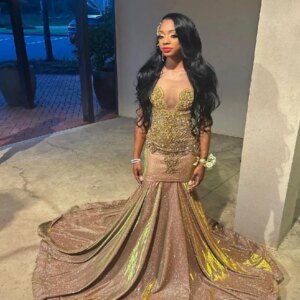 Shine Gold Nigeria African Prom Dress With Crystal Sparkly Mermaid Sequin Evening Dress For Black Women Birthday 2025 Customized