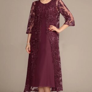 Customized A-Line Prom Dresses Tea-Length O-Neck Lace Coat Three Quarter Evening Dresses Simple Fashion Lace Sequined Button