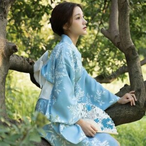 Japanese Style Kimono Women Formal Dress Blue Divine Girl Fashion Photography Clothing
