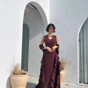 CustomizedCustomized Exquisite Ruffles Chiffon Evening Dress Crystal Crew Neck Cap Sleeve Zipper Back Ruched Sweep Train Vestido