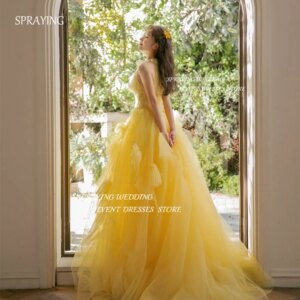 SPRAYING Fairy Tulle High Neck Korea Corset Back Wedding Dresses Photo Shoot Long Prom Dress Yellow 웨딩드레스 Customized