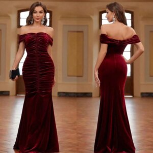 Customized Exquisite Off-the-shoulder Mermaid Floor Length Evening Dresses Shirred Hugging Velour Customized es