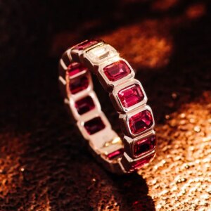 Provence wedding Ring DEF/VS Lab Diamonds Solid Gold Ring Emerald cut Ruby Lab Gemstones full band Engagement band Custom
