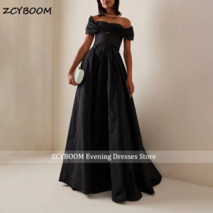 Customized Elegant Black Off The Shoulder A-Line Formal Evening Dress 2025 Satin Pleated Sleeveless Floor Length Party Prom Gown