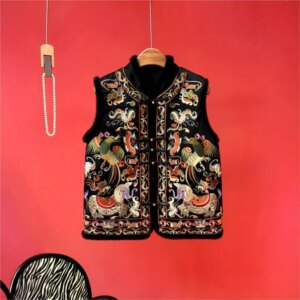 New Chinese heavy industry embroidery plus cotton vest temperament clip