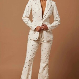 New Design Leather Pearls Women Suit Pant 2-Pieces Blazer+Trousers Sexy V Neck Single Breasted Office Lady Jacket Custom Made