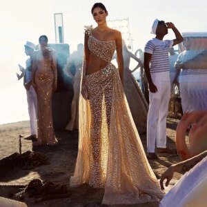 Sexy Illusion Evening Dress One Shoulder Pearl Sequin Hot Show Waist Dress Long Train Champagne Prom Gown Vestidos De Gala 2025