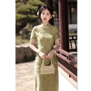 Monofilament Linen Green Cheongsam Qi Pao Summer New Retro National Style Improved Chinese Young Lady Send Exam Mother