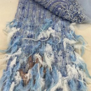 Blue Luxury Fabric For Dress 5 Yards With Beads Feather Lace Embroidery Nigerian Lace Fabrics 5 Yards New Wedding Dresses 437-1