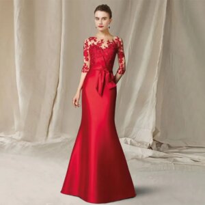 Three Quarter Red Mother of Bride Dresses for Women 2023 New Mermaid High Quality Satin Wedding Party Gown with Lace Robe De