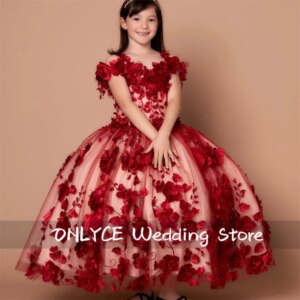 Exquisite Red Flower Girl Dress For Wedding 3D Applique Tulle Beads Pearls Ball Gown Princess Luxury Birthday Party Customized