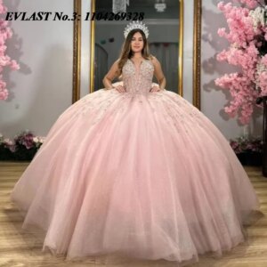 EVLAST Customized 2025 Pink Quinceanera Dress Ball Gown Lace Applique Beaded Crystal Corset Sweet 16 Vestido De 15 Anos E3Q177