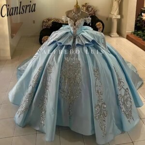 Sky Blue Off The Shoulder Bow Ruffles Quinceanera Dresses Ball Gown Beading Crystal Appliques Lace Sweet 15 Años Customized