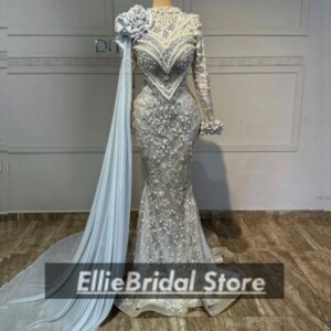 Exquisite Mermaid Evening Dresses Luxurious Crystal Peals Elegant Long Sleeves Wedding Party Dress 2025 Female Customized