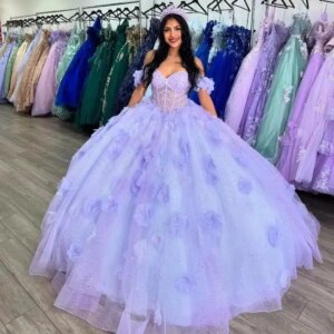 Customized Shiny Lilac Illusion Lace Up Ball Gown Popular Flower Beaded Off The Shoulder Corset Birthday Party Quinceanera Dress