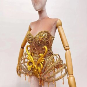 Gogo costume in bar and nightclub Golden sexy fishbone conjoined stage performance DS dance costume