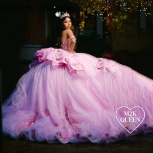 EVLAST Customized Shiny Pink Ball Gown Quinceanera Dress Floral Applique Beading Bow Corset Sweet 16 Vestidos De 15 Anos E1Q608