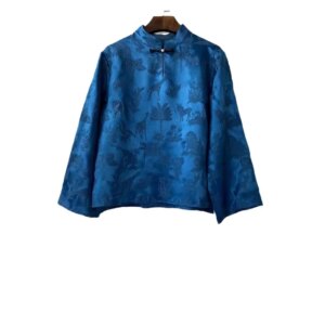 High Quality 2024 Spring and Summer Silk Suit Upper Clothes Women’s 100% Real Three-Dimensional Relief Wrinkle Tea Blue