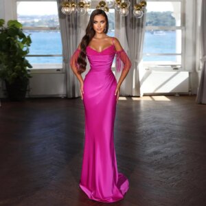 Spaghetti Strap Mermaid Evening Dresses 2025 Beading Pleated Formal Dress Satin Long Special Occasion Dress for Women