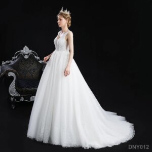 Summer Style Sleeveless Embroidery White Bridal Gown Long Glitter Wedding Dress With Train