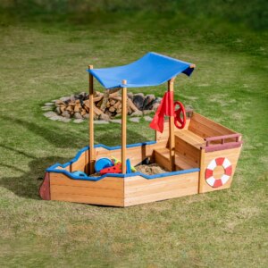 Outsunny Pirate Ship Sandbox with Cover and Rudder, Wooden Sandbox with Storage Bench and Seat, Outdoor Toy for Kids Ages 3-8
