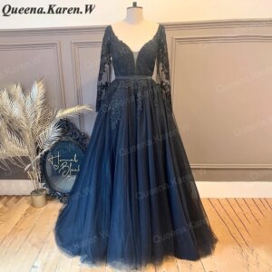Elegant black Wedding Dress long sleeve V neck lace applique bride dress robe de mariee A line Wedding Bridal Gown