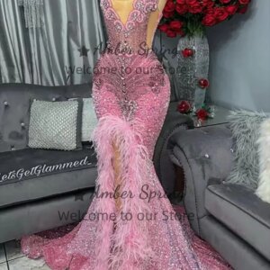Sweet Pink Feathers Prom Dresses Cyrstal Beads Split Slit Girl Formal Graduation Evening Gowns Birthday Robe Customized