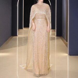 2024 Luxury Dubai Evening Dresses with Cape Heavy Pearls Champagne Formal Occasion Dresses for Women Arabic Wedding Party Gowns
