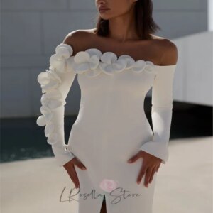 LRosella Custome Long Sleeve Off The Shoulder Handmade 3D Flower Bridal Gown Split Zipper Sweep Train Floor Length Wedding Dress