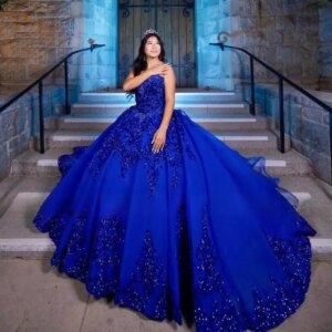 Blue Ball Gown Quinceanera Dress 2025 Long Train Ruffle Princess Tulle Vestidos De 15 Años Birthday Party Sweet 16 Dress